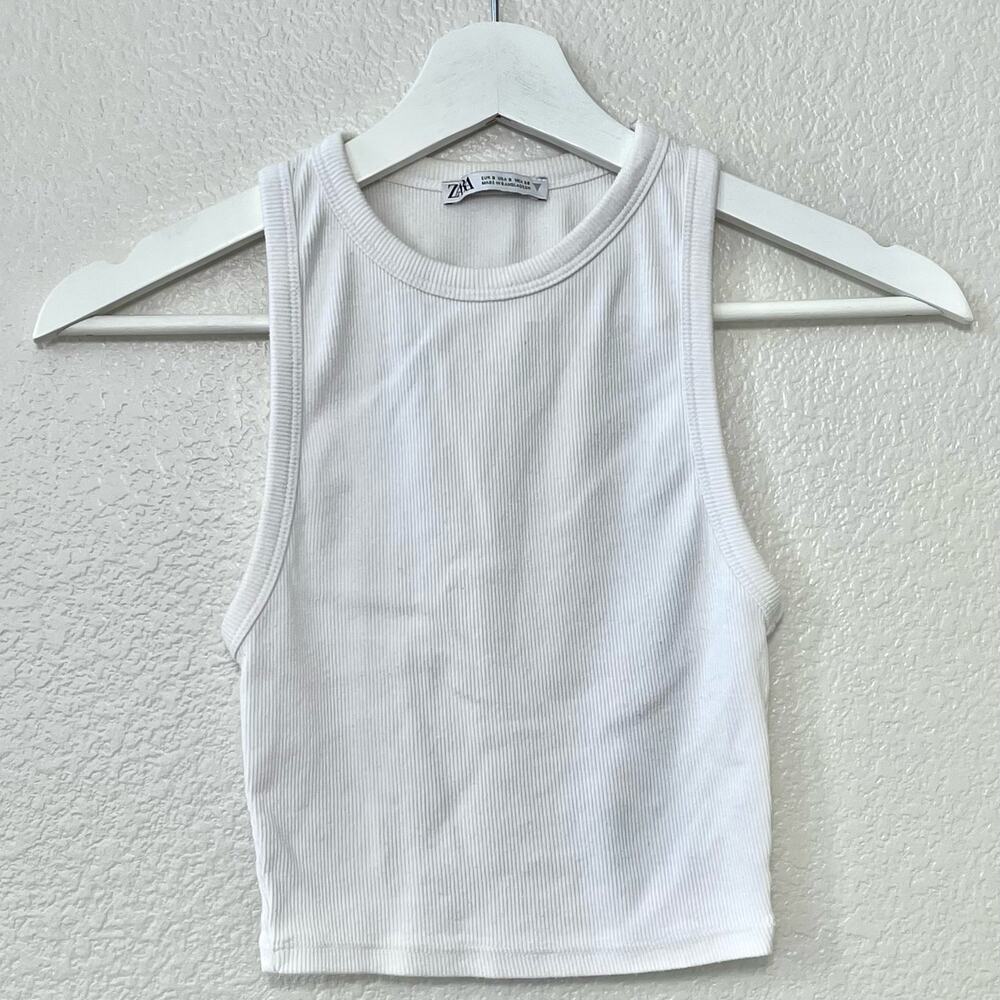 Zara Basics Womens White Rib Tank Top Racerback Sleeveless Cropped Size Small